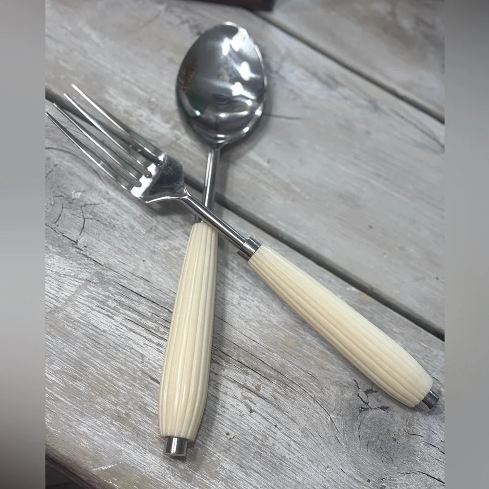 NWOT Stainless Steel Serving Set. Spoon | Fork. 11.5”L Trendy | Ribbed Design